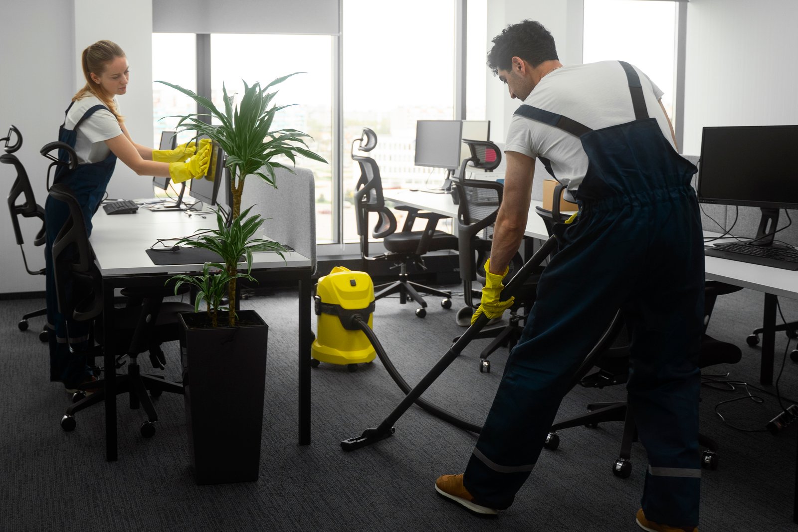 Professionnels nettoyant des bureaux modernes à Rabat avec produits écologiques